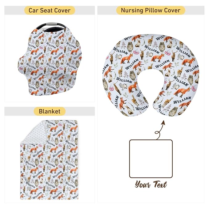 Baby Nursing Pillow Cover - Personalized Name Breastfeeding Pillow Cover with Foxes Pattern, Stretchy Removable U-Shaped for New Moms, Soft Breathable Slipcover for Infant Boys Girls