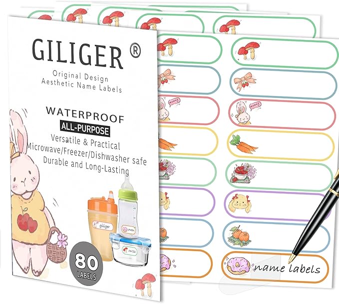 80pcs Waterproof Name Labels for Baby Bottles Daycare Containers, Self-Laminating Write-on All-Purpose Labels Personalizable, Dishwasher, Freezer & Microwave Safe, Original Design Bunny Name Labels