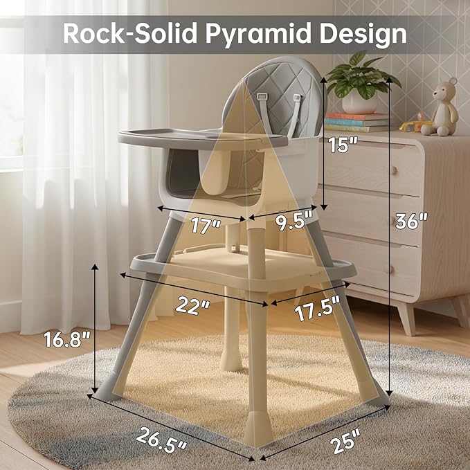 6-in-1 Convertible Baby Highchair, Booster Seat, Toddler Chair & Building Block Table, with Removable Tray, Easy Clean Cushion & 5-Point Harness (Grey)