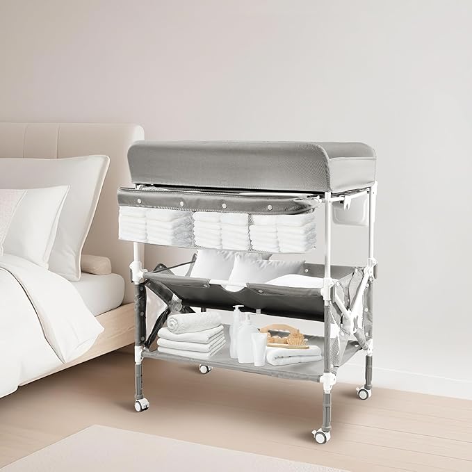 PEEKABU Portable Foldable Baby Changing Table Dresser Waterproof Diaper Changing Station with Wheels, Adjustable Height Changing Table Station Mobile Nursery Organizer for Newborn and Infant, Grey