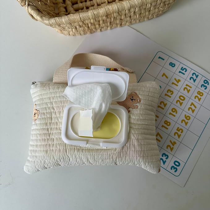 Portable Baby Wipe Bag Strollers Tissue Bag with Lanyard, Reusable Cotton Tissue Holder Case for Stroller and Car