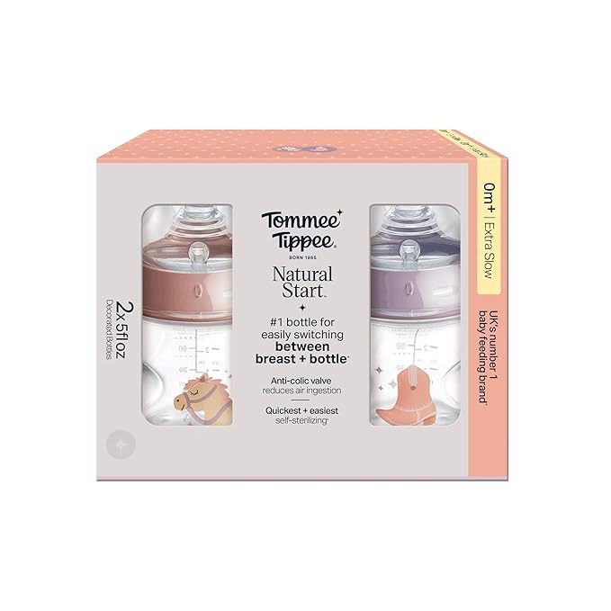 Tommee Tippee Natural Start Newborn Baby Bottles, 5 oz, with Slow Flow Breast-Like Nipples for A Natural Latch, Self-Sterilizing and BPA Free, Cowboy Theme, Pack of 2