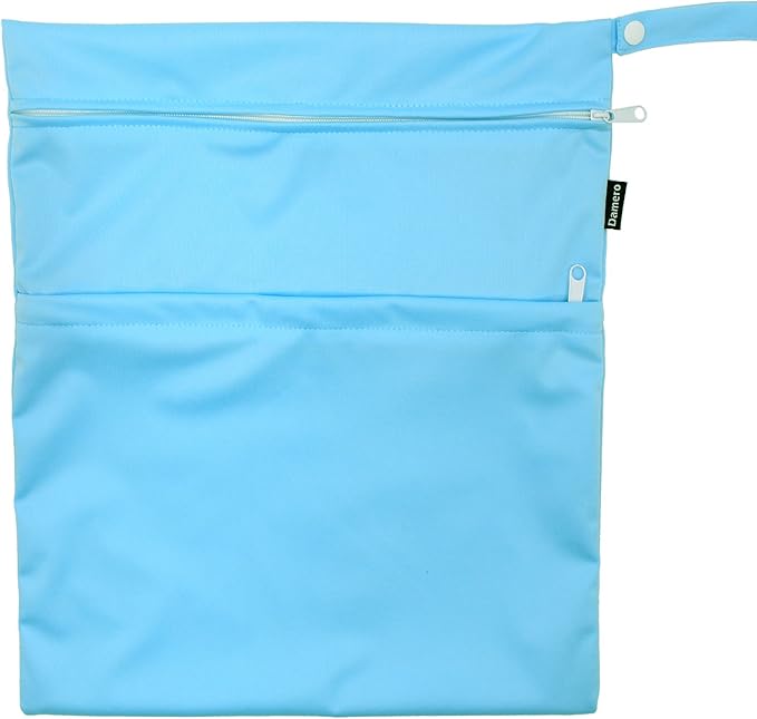 Damero 2 Pack Travel Wet Dry Bag Organizer with 2 Pockets and Handle for Cloth Diaper, Baby Clothes, Pumping Parts, Swimsuit and More, Cute and Spacious, Easy to Grab and GO(Medium, Green+Light Blue)