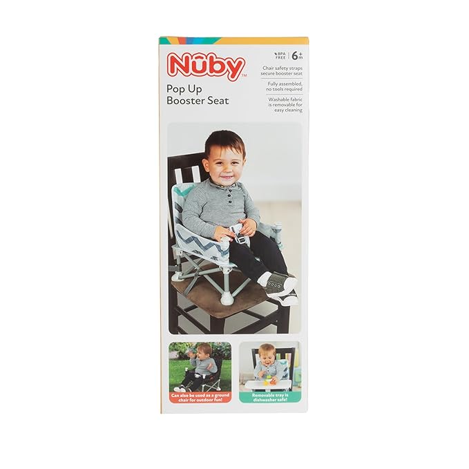 Nuby Pop-Up Booster Seat with Removable Tray - 6+ Months - Portable Booster Seat for Floor for Indoor/Outdoor Use - 3-Point Safety Adjustable Straps - Summer Travel Essentials - Green