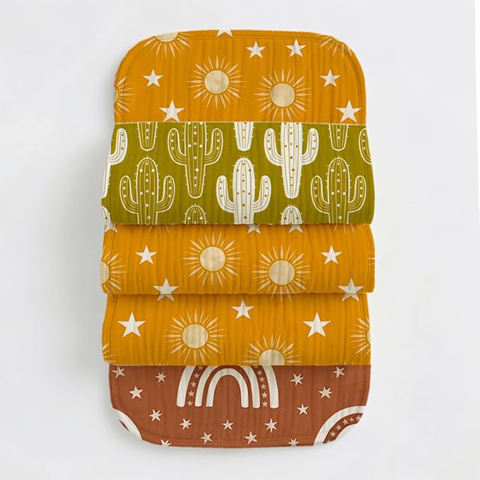 6 Pack Baby Burp Cloths, 100% Cotton Muslin with Boho Cactus Rainbow Sun Print, Large Soft & Absorbent Washcloths for Infants, Perfect Newborn Baby Boy & Girl Shower Gift