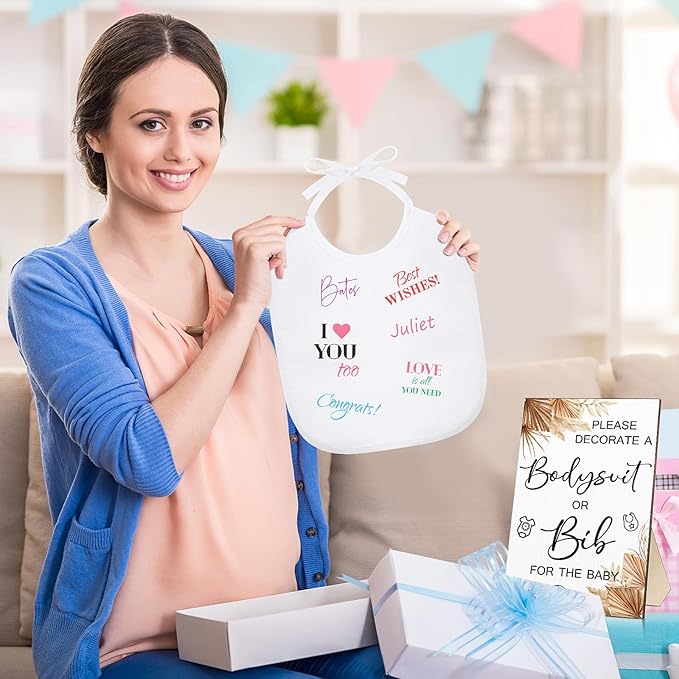 Roowest 35 Pcs Baby Shower Bibs Games Design Wooden Baby Shower Party Game Sign DIY Bodysuit Sign 15 White Blank Bibs 9 Bodysuit 10 Markers for Party Supplies(Boho)