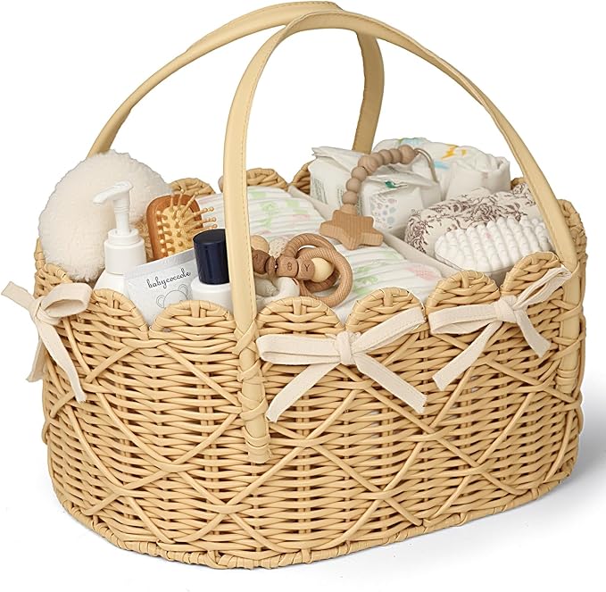 Diaper Caddy Organizer, Hand Rattan Scalloped Diaper Caddy Changing Table Organizer, Wicker Nursery Bakset Picnic Basket Household Organizer, Beige TB31