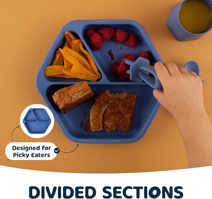Tiny Twinkle Silicone Suction Baby Plate, Suction Grip Divided Dish for First Foods and Self-Feeding Toddlers, Baby Led Weaning Supplies for Independent Eating (Indigo Plate with Lid)