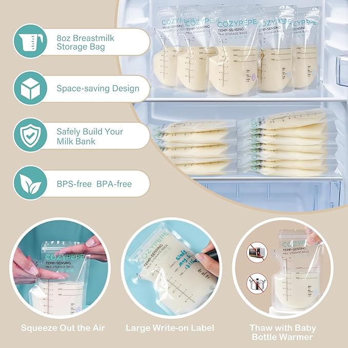 50 Pcs Breastmilk Storage Bags, 8OZ Breast Milk Storing Bag with Pour Spout, Temperature-Sensing Color Change Milk Bag for Convenient Breastfeeding, No Leak Presterilized for Freezer