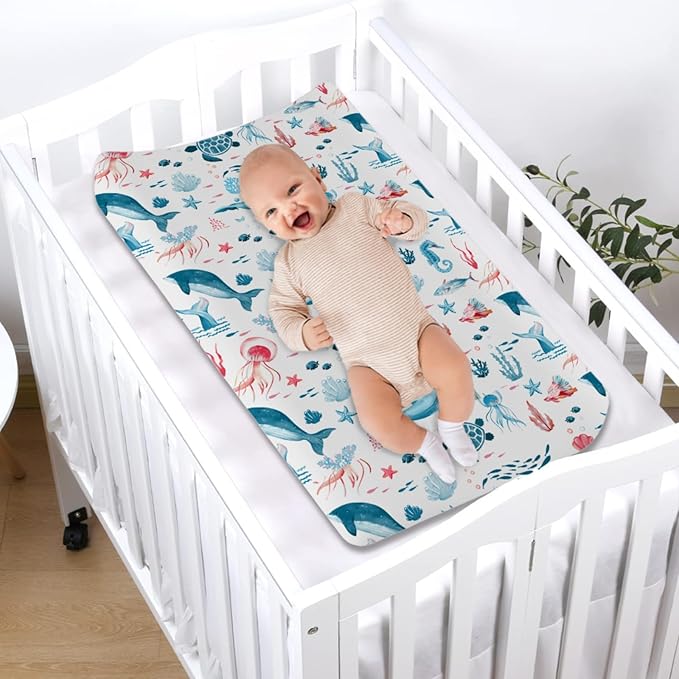 Nautical Animals Life Changing Pad Covers Sea Turtle Whale Jellyfish Sea Horse Weeds Unisex Diaper Change Table Sheets for Boys Girls Soft Breathable Stretch Changing Pad Sheets 32''x16'' White