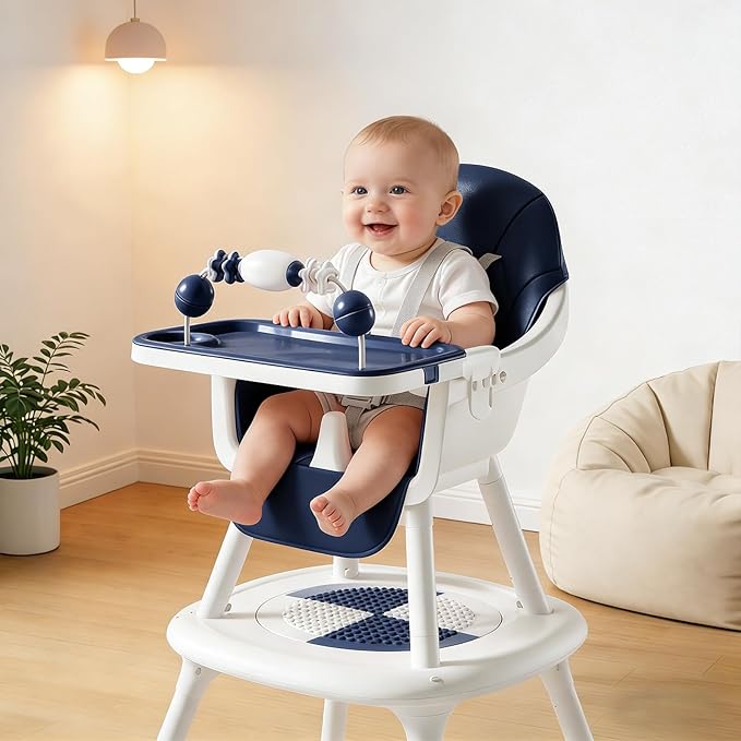 Convertible 4-in-1 Baby High Chair with Block Table, Infant to Toddler Feeding Chair with Play Tray & Built-in Toys, Removable PU Cushion, Easy to Clean Dining & Activity Chair–Blue
