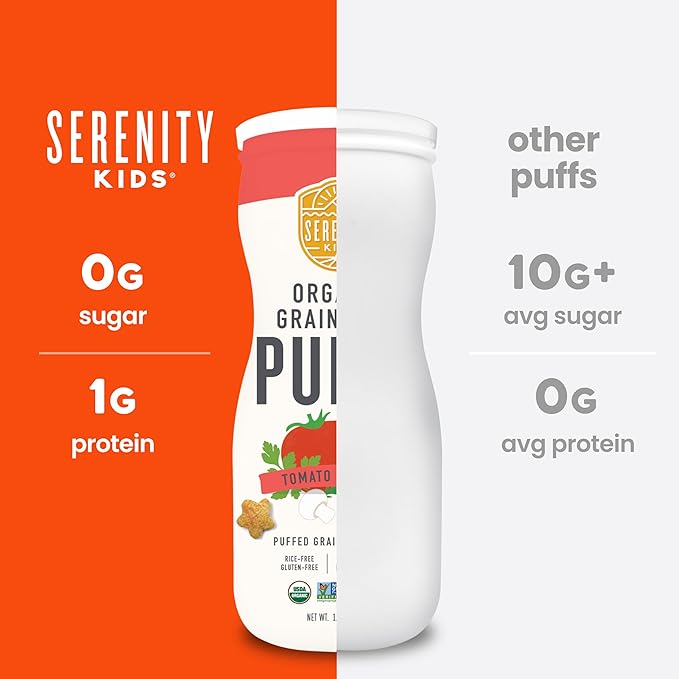 Serenity Kids 6+ Months Grain-Free Baby Puffs - Tomato & Herbs USDA Organic Baby Snacks - Allergen Safe Toddler Snacks - Quick-Dissolve Infant Puffs - 1.5 Oz Pack of 1