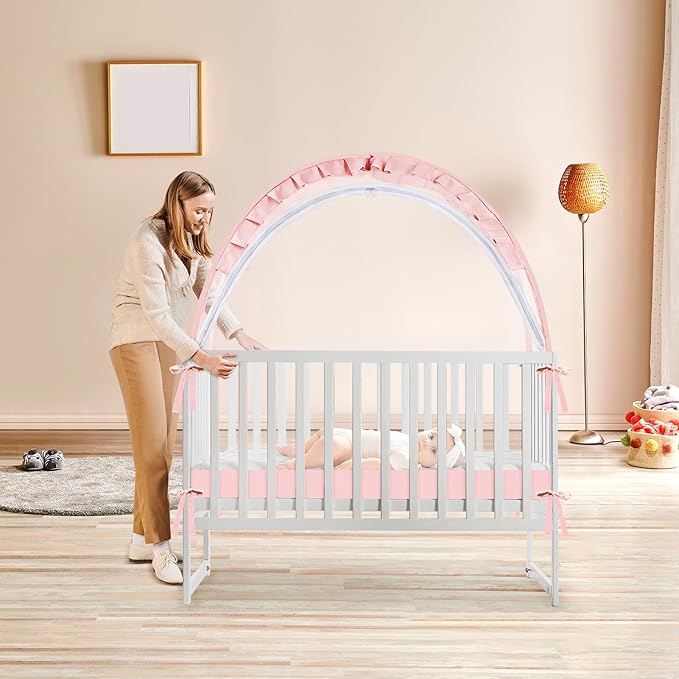 Crib Tent to Keep Baby from Climbing Out - Mesh Pop Up Climbing Prevention With Two-Way Self-Locking Metal Zipper (Pink, Lager)
