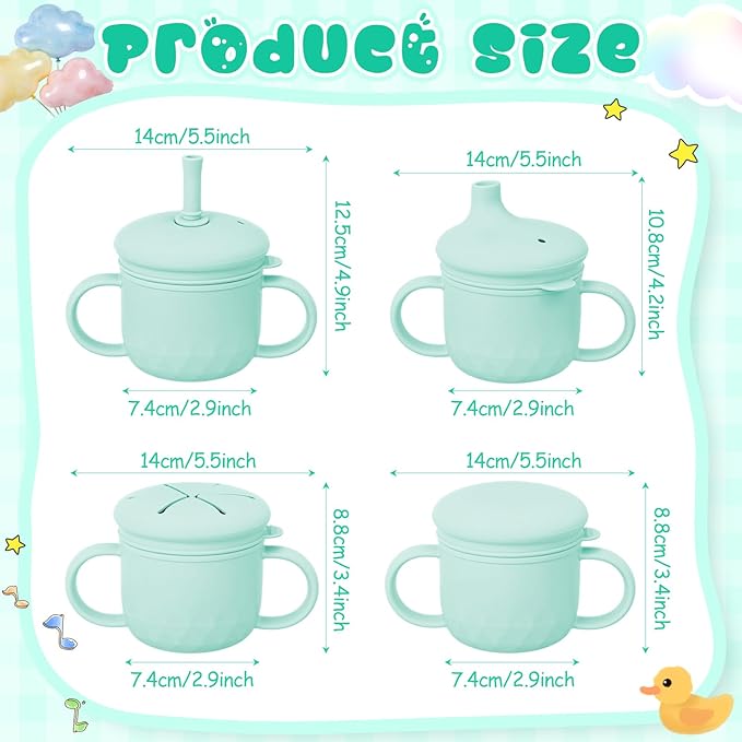 8 oz 3 in 1 Silicone Baby Sippy Cups & Snack Cups with Lid Straw for Toddlers 1-3 Spill Proof Stainless Steel Snack Containers Food Catcher for Baby Toddler Drinking Training(Light Green)