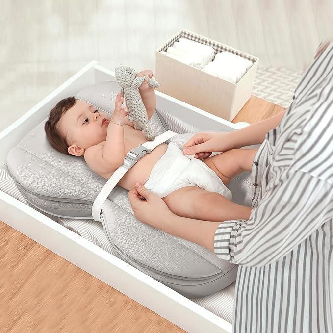 Baby Changing Pad, Waterproof Wipe-Clean PU Leather with High-Density Foam, Non-Slip Raised Edge Contour with Adjustable Safety Strap, for Dresser & Changing Table, 28"×16", Gray