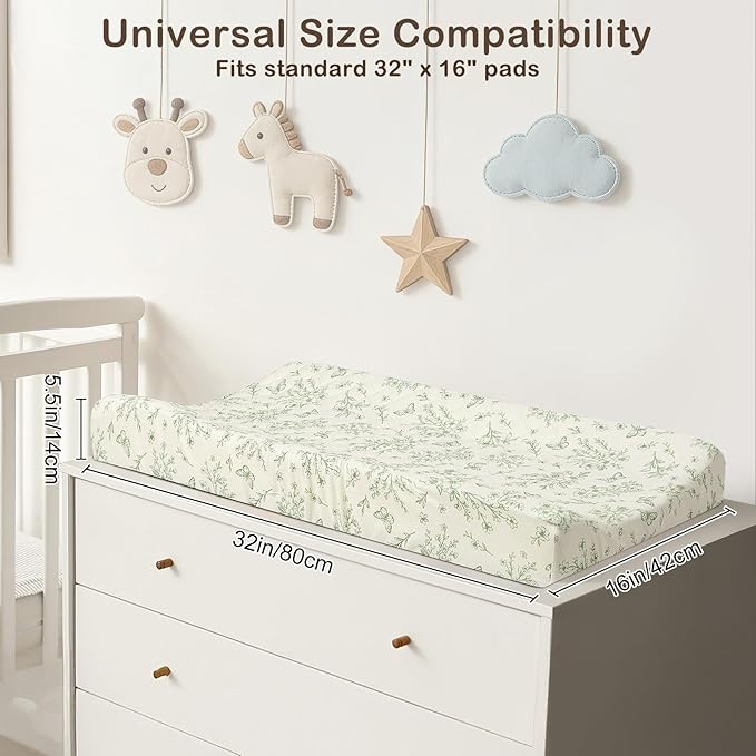 FIOBEE Changing Pad Cover Waterproof 2 Pack Quilted Diaper Change Table Sheets Breathable & Ultra Soft for Newborn Baby Boys Girls Fitted Changer Pads 32"x 16", Green Floral
