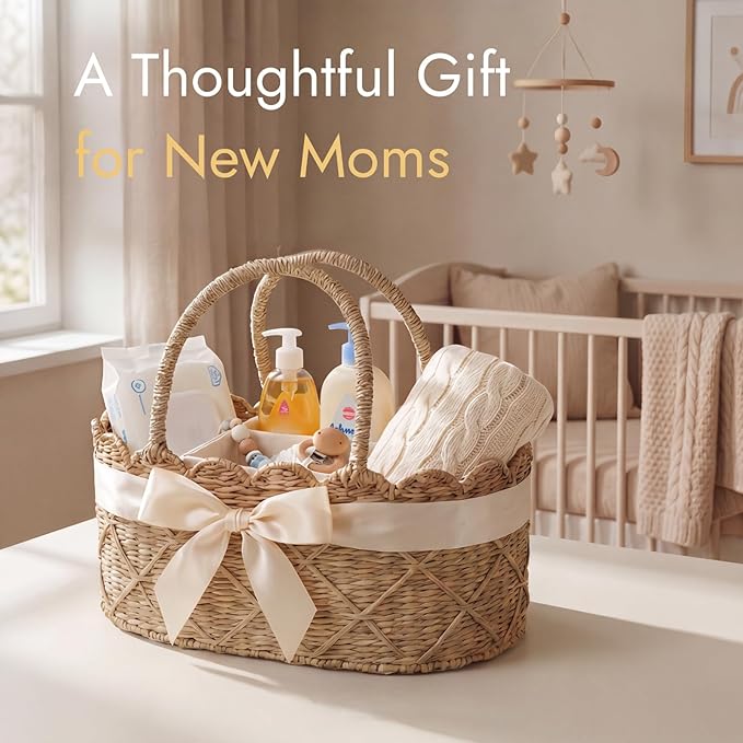 YANGQIHOME Diaper Caddy Organizer, Seagrass Nursery Baby Basket for Baby Essentials, Scalloped Wicker Diaper Caddy, Baby Shower Gifts (Diamond)