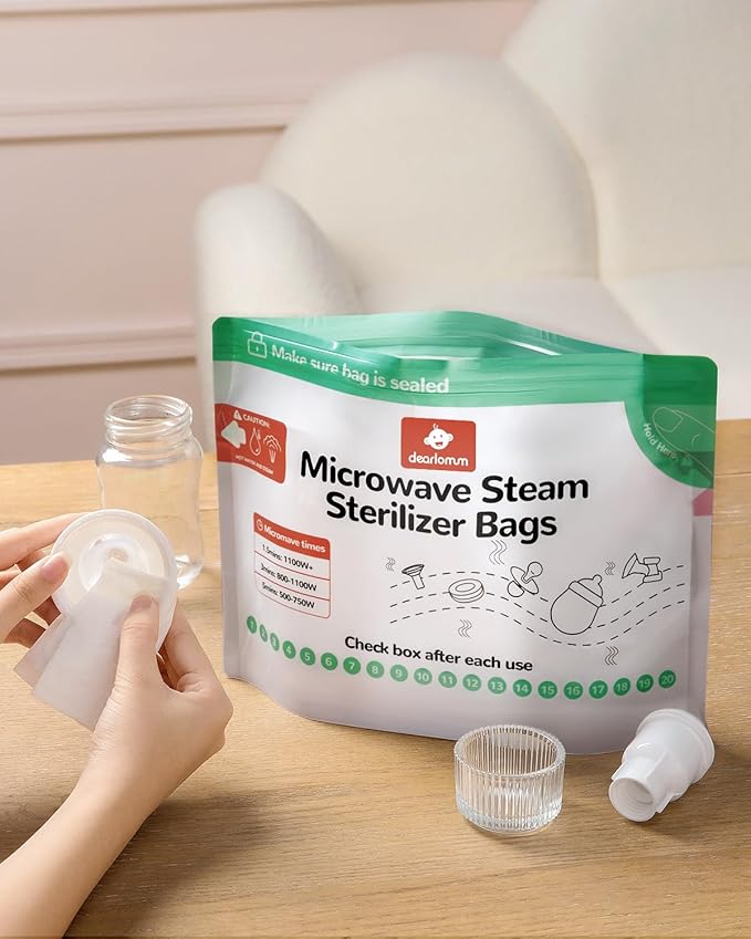 dearlomum Microwave Steam Sterilizer Bag for Baby Bottles 15 Count (20 Uses Per Bag), Reusable Travel Sterilization Pouches, Disinfection Container for Baby Pacifiers and Breast Pump Accessories