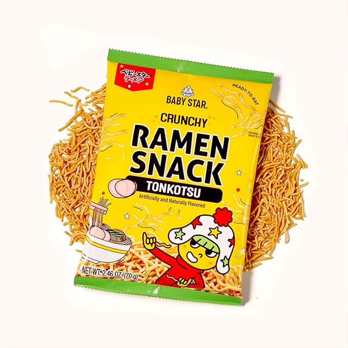 Baby Star Crunchy Ramen Snack Tiny Tonkotsu Flavor, 2.46 oz, Japanese Crispy Noodle Treat, Spicy Savory Taste, Asian Food for Kids and Adults