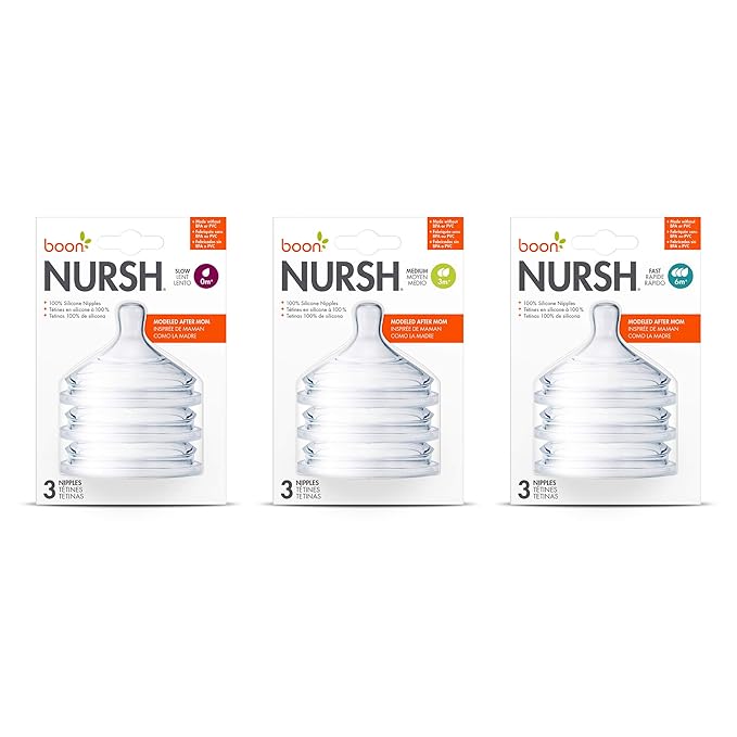 Boon Nursh Silicone Baby Bottle Nipples - Bottle Nipples for Boon Nursh Baby Bottles - Baby Bottle-Feeding Supplies - Medium Flow Baby Bottle Nipples - 3 Count