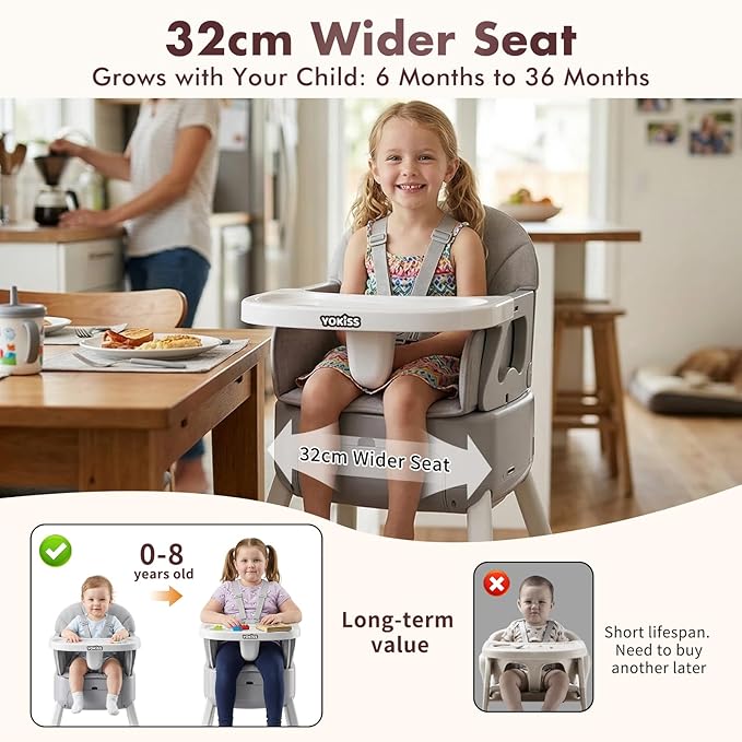 7 in 1 Convertible Baby HighChair for Babies and Toddlers,Adjustable Legs & Tray, Safe, Skin-Friendly Seat Cushion, Non-Slip & Stable, Supports up to 15kg Grey