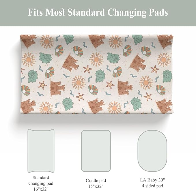 Boho Beach Summer Changing Pad Covers for Baby Girls Boys Retro Seaside Holiday Fitted Change Table Pad Covers Mats Sun Seashells Castle Soft Diaper Changing Pad Sheets for 32''×16'' Contoured Pad