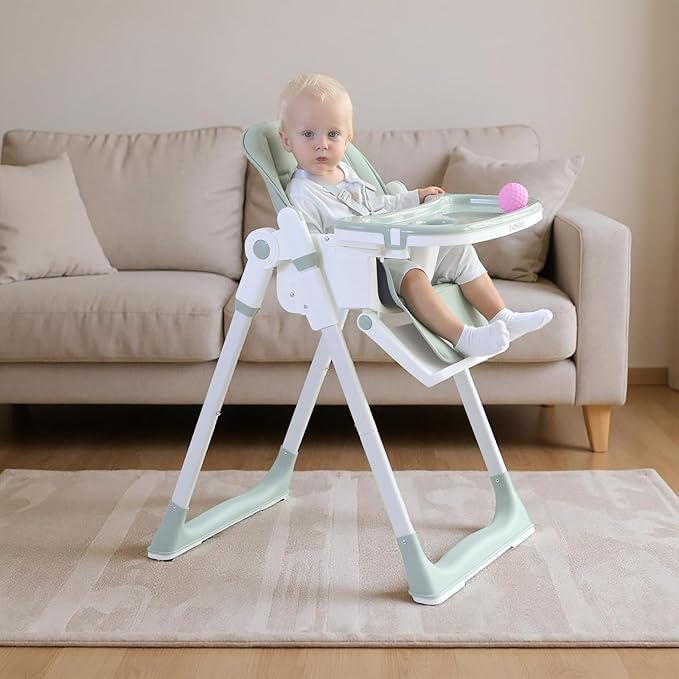 Cochildor 3-in-1 Foldable High Chair for Babies & Toddlers – Adjustable Height, Reclining Seat, 5-Point Safety Harness, Removable Tray, Lockable Wheels, Washable Cushion – Portable & Easy Clean, Green
