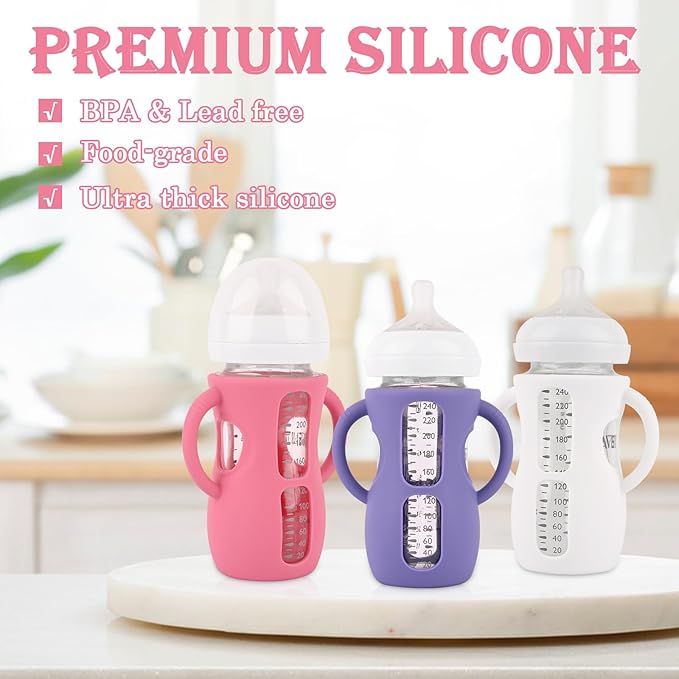 3 Pack Silicone Sleeves with Handles for Avent Natural Glass Baby Bottles, Anti Breakage Baby Bottle Holder, Compatible Philips Avent Glass Natural Baby Bottles 8 oz