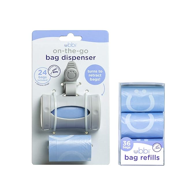 Ubbi Steel Diaper Pail, Odor Locking, No Special Bag Required & On The Go Gray Bag Dispenser with Lavender Scented Refills Baby Bundle
