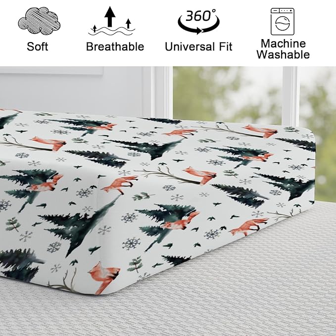 Cute Red Foxes Changing Pad Covers Winter Snow Trees Birds Change Table Pad Cover for Baby Boys Girls Soft Breathable Stretch Diaper Changing Mat Sheets 32''x16''