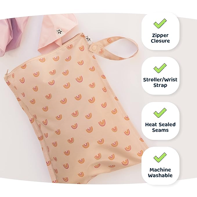 Tiny Twinkle Mess Proof Wet Bags | 2-Pack Reusable Waterproof Wet Bags for Swimsuits | Baby Clothes | Travel & Diaper Bag (Taupe, Dandelion)
