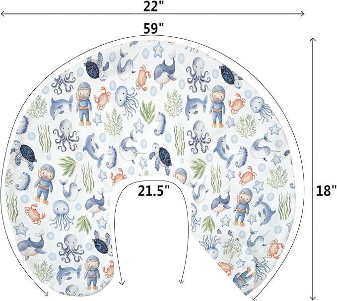 Sea Animal Baby Nursing Pillow Cover for Boy Girl Diver Turtle Jellyfish Whale Sea Weeds Starfish Nursing Slipcover for Breastfeeding Pillows Cute Ocean Animals Soft Stretchy Cover for Newborn Infant