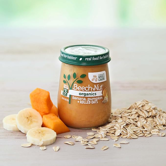 Beech-Nut Organic Baby Food Jars, Organic Banana Pumpkin & Rolled Oats Puree, Stage 3 Baby Food for Babies 8 Months and Up, Non-GMO, 4oz Glass Jars, 10ct