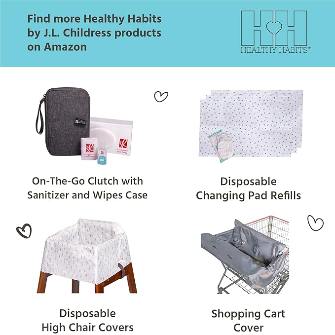 J.L. Childress Healthy Habits Portable Changing Pad Bundle for Babies - Wipeable Diaper Changing Mat for Travel + 3 Disposable Changing Pads, Baby Accessory Essentials, Foldable & Compact - Grey