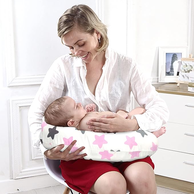 LAT Nursing Pillow for Breastfeeding,100% Cotton Removable Cover,Ergonomic Breast Feeding Pillows for Mom and Baby,Machine Washable(Pink Stars)