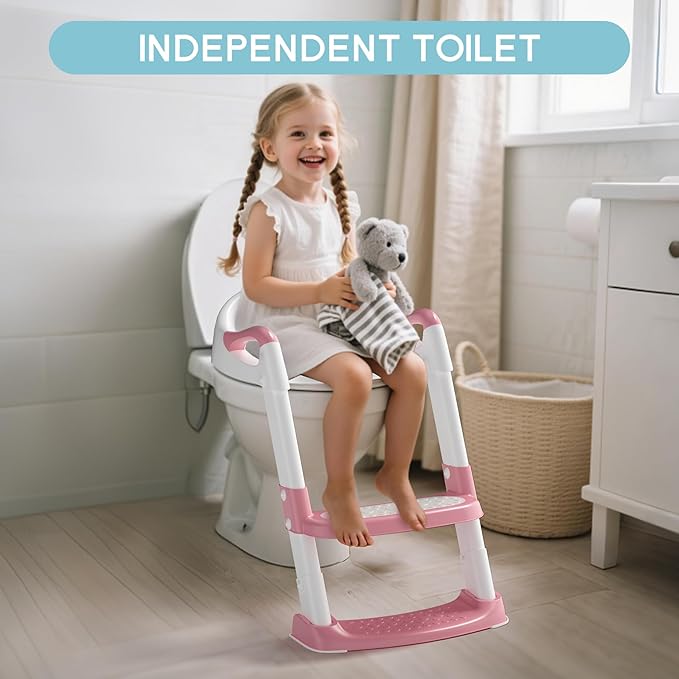COOSEYA Potty Training Toilet with Step Stool Ladder, Toddler Kids Potty Training Seat for Boys Girls, Foldable Anti-Slip Toilet Toddler Seat Splash Guard Soft Cushion Safety Handles (Pink)