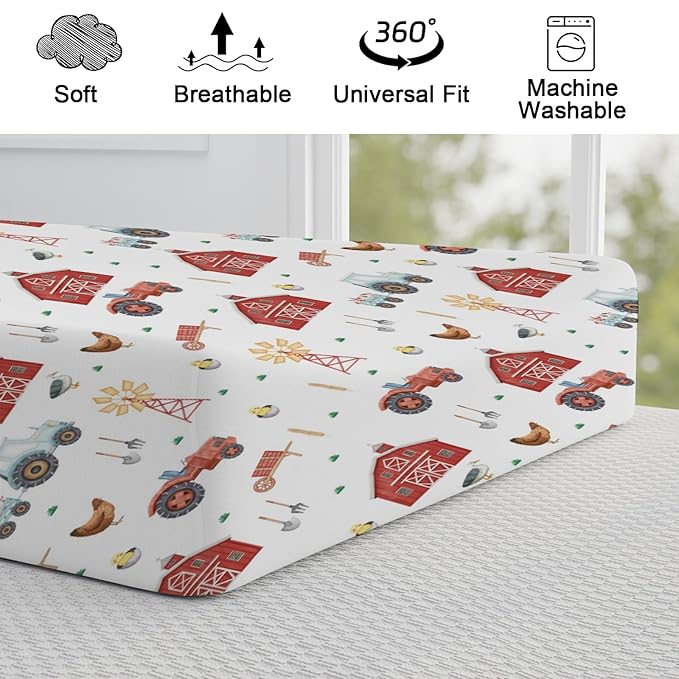 Watercolor Farm Animals Changing Pad Cover Retro Barn Chicken Pig Hen Duck Windmill Tractor Diaper Change Table Cover Sheets for Boys Girls Soft Stretchy Fitted Changing Mat Sheets 32''x16''