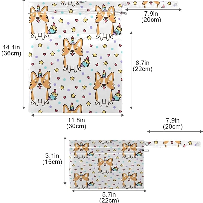 visesunny Corgi Dog with Unicorn Horn 2Pcs Wet Bag with Zippered Pockets Washable Reusable Roomy for Travel,Beach,Pool,Daycare,Stroller,Diapers,Dirty Gym Clothes, Wet Swimsuits, Toiletries