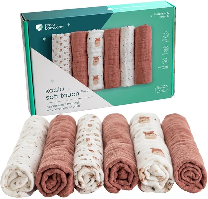 Koala Babycare 6 Pack 12"x12" Muslin Burp Cloths for Baby Boys and Girls - GOTS & Oeko-TEX Cotton Burp Rags for Newborns - Absorbent Neutral Burping Cloths for Feeding - Washable Baby Bibs Essentials