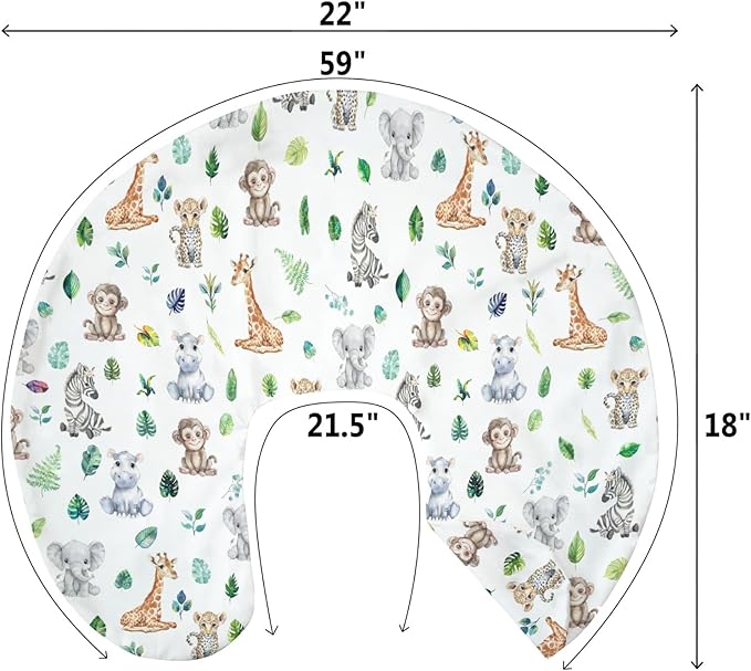 Tropical Safari Jungle Animals Green Leaves Baby Nursing Pillow Covers for Boy Girl Elephant Leopard Giraffe Hippo Nursery Pillowcase for Breastfeeding Pillows Soft Stretchy Slipcovers for Newborn