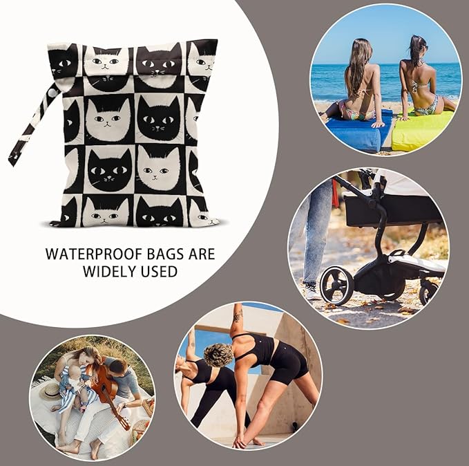 Cat Lover Gifts, 2Pcs Cat Print Wet Bags, Wet Dry Bag Reusable Zipper Pouch for Swimsuit, Diapers, Beach, Dirty Yoga Gym Clothes, Toiletries, Waterproof Birthday Christmas Gifts