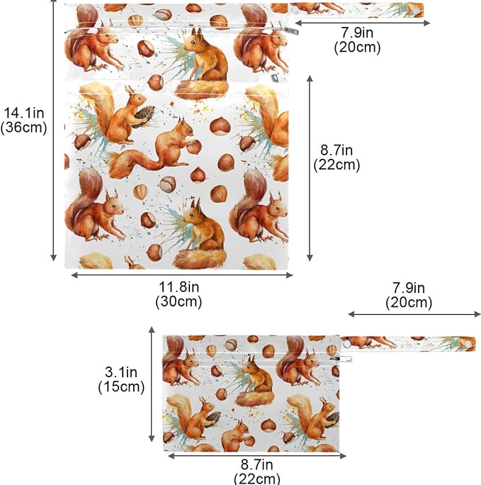 visesunny Cute Squirrel Hazelnut 2Pcs Diaper Changing Totes Wet Bags with Zippered Pockets Washable Reusable Roomy Cloth Diaper for Travel,Beach,Daycare,Stroller,Dirty Gym Clothes,Wet Swimsuits,Toilet
