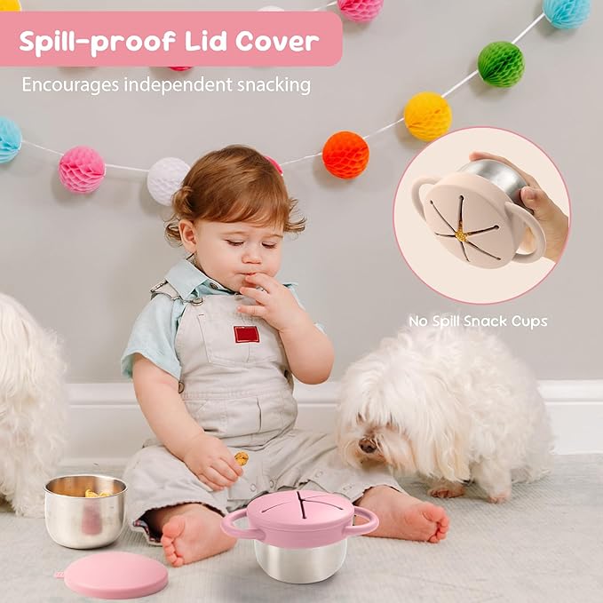 Bufilea Snack Containers for Toddlers, Stainless Steel Toddler Snack Cups with Silicone Food Catcher & Lids,Snack Cups for toddlers Spill Proof (RosePink Creamy, Pack of 2)