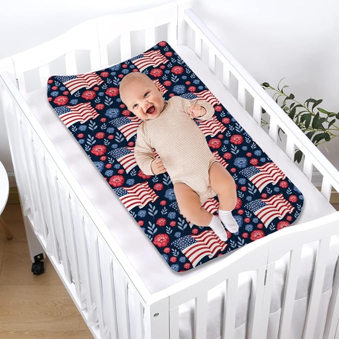 American Flag Blue Red Floral Diaper Changing Pad Covers for Boy Girl 32''x16'' Patriotic 4th of July Unisex Fitted Change Table Sheets Independence Day Soft Breathable Baby Changing Table Mats Navy