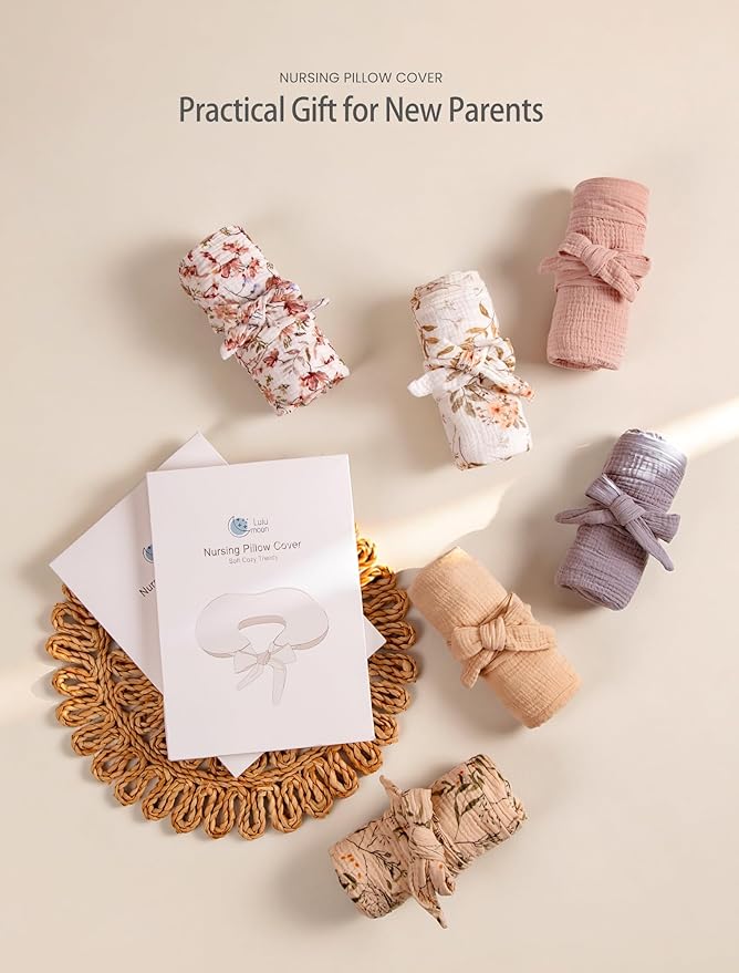 lulumoon Muslin Nursing Pillow Covers - 2-Pack Cotton Slipcovers for Breastfeeding Pillow - Extended Adjustable Strap for Secure Fit & Stable Support - Hidden Zipper Safety for Bottle-Feeding