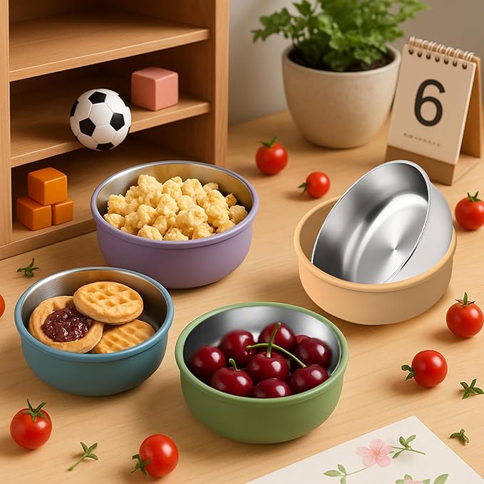 Mity rain 4-Pack Baby Bowls with Suction,Stainless Steel Toddler Bowl with Removable Silicone Shell, Non-Slip Unbreakable babies bowls with silicone suction & Kids Bowls for Baby Food Feeding
