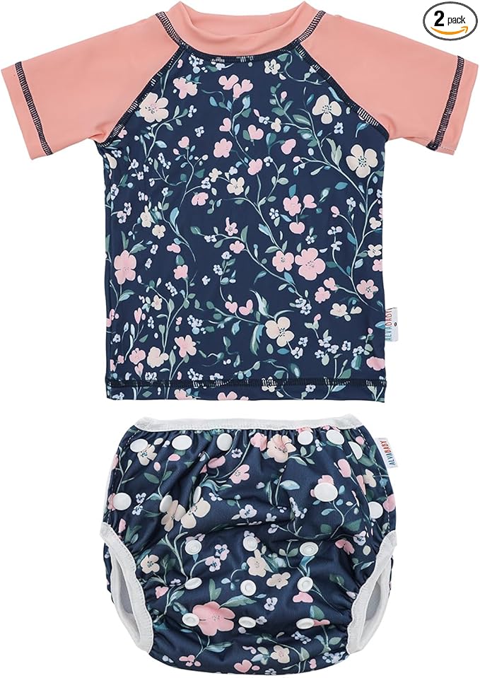 ALVABABY Baby Girl Swimsuit, 2-Piece Infant Toddler Bathing Short Sleeve Swimwear, Small Baby Reusable Swim Diaper with Matching Top