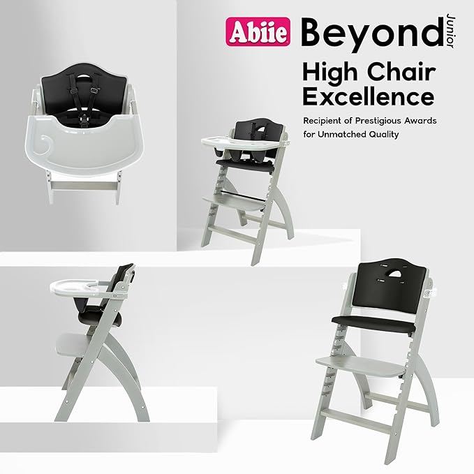 Abiie Beyond Junior Wooden High Chair for Babies and Toddlers - Convertible 3-in-1 Baby Highchair with Removable Tray - 6 Months to 250 Lb - Water Resistant - Misty Grey Wood/Black Pearl Cushion