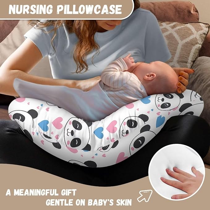 Panda and Heart Nursing Pillow Cover for Baby Boy Girl Slipcover for Breastfeeding Pillows, Soft and Stretchy Safely Breastfeeding Pillow Cover