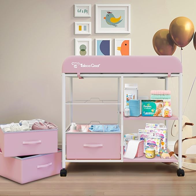 Baby Changing Table, Portable Changing Table, Diaper Changing Station with Waterproof Pad, Changing Table Dresser with 3 Storage Baskets, Mobile Nursery Organizer for Newborn Essentials